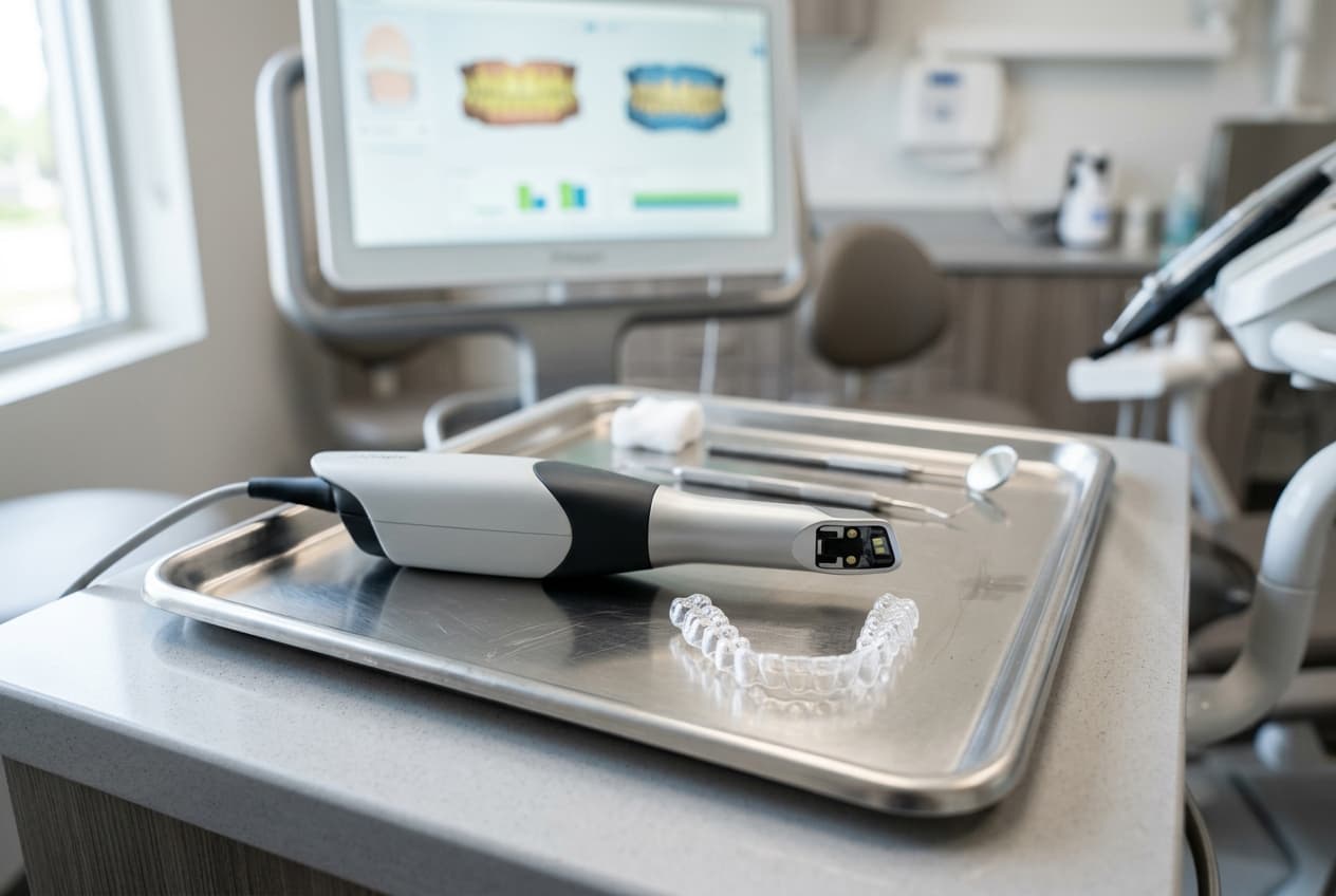 Scanner intra-buccal et aligneur transparent sur un plateau dentaire