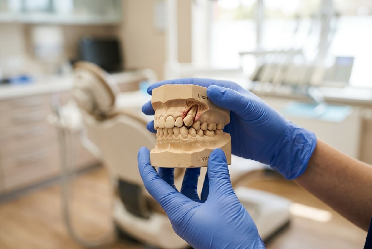 Mains gantées tenant un modèle dentaire montrant une canine incluse