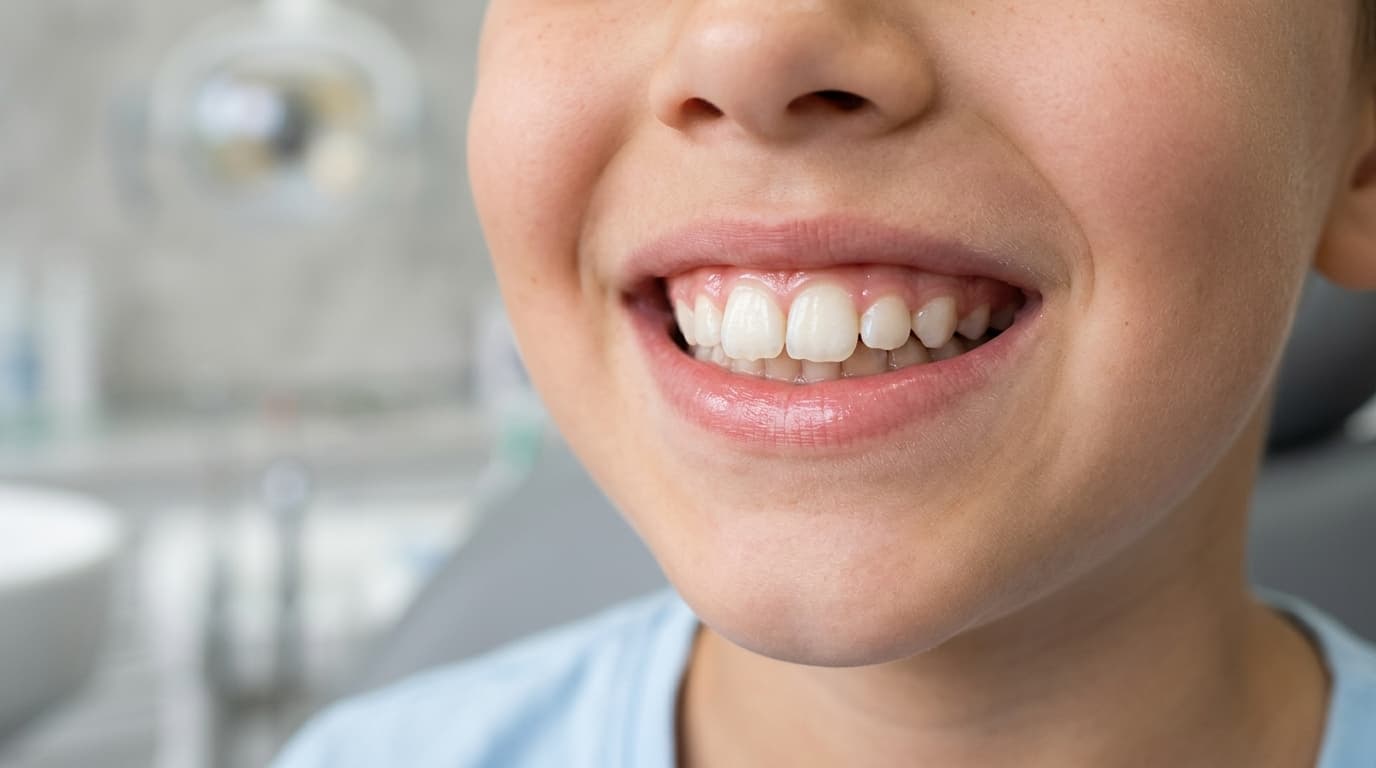 Gros plan sur les dents de devant d’un enfant avec incisives supérieures projetées vers l’avant