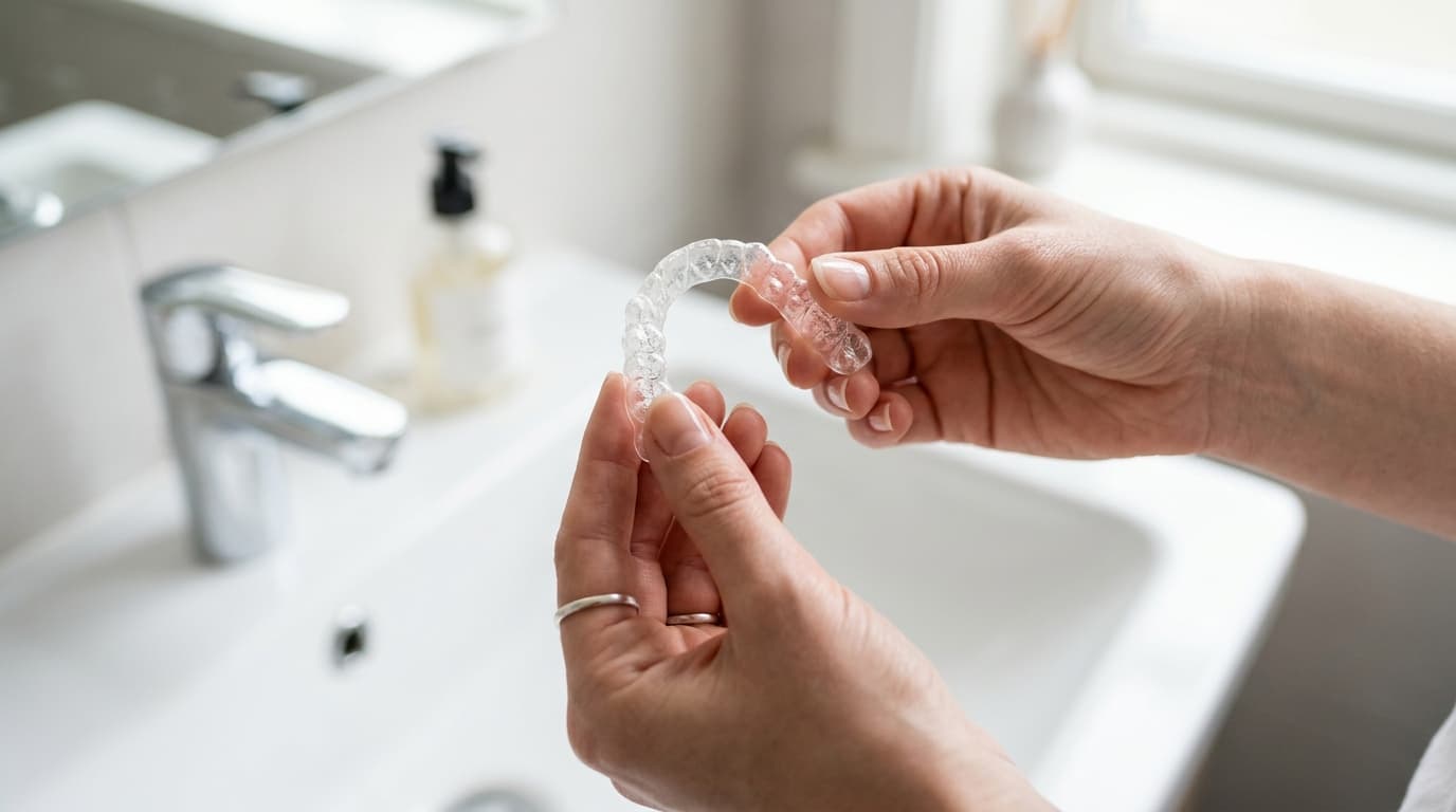 Gouttière de contention transparente tenue en main