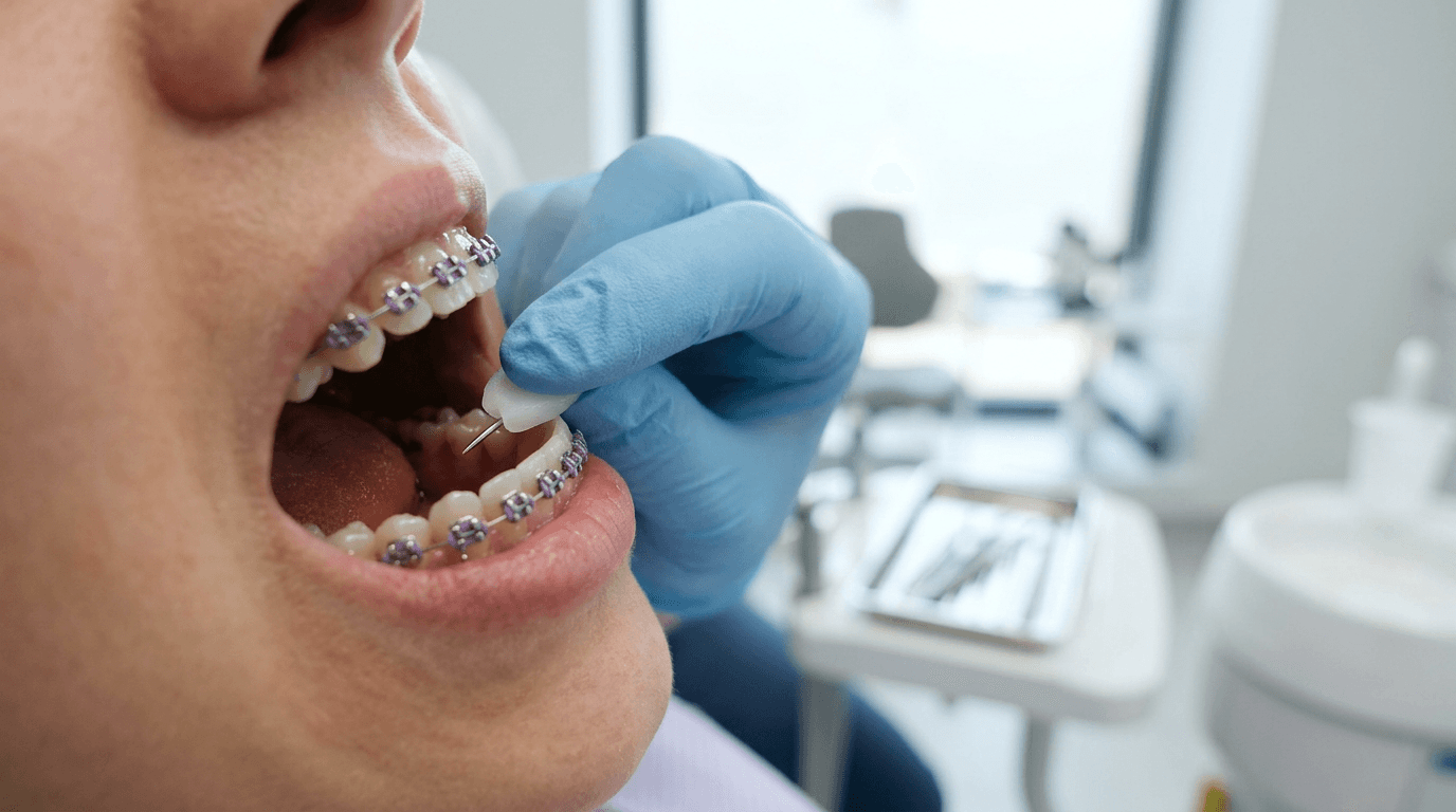 Application de cire orthodontique sur un appareil dentaire fixe