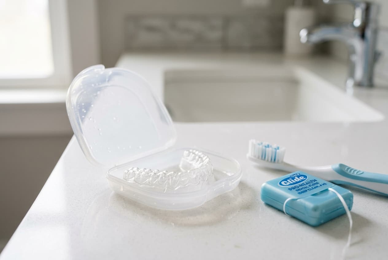 Gouttière de contention dans son boîtier avec accessoires d'hygiène