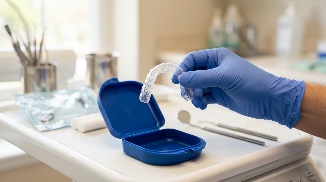 Gouttière de contention transparente tenue en main au-dessus d’un étui de rangement