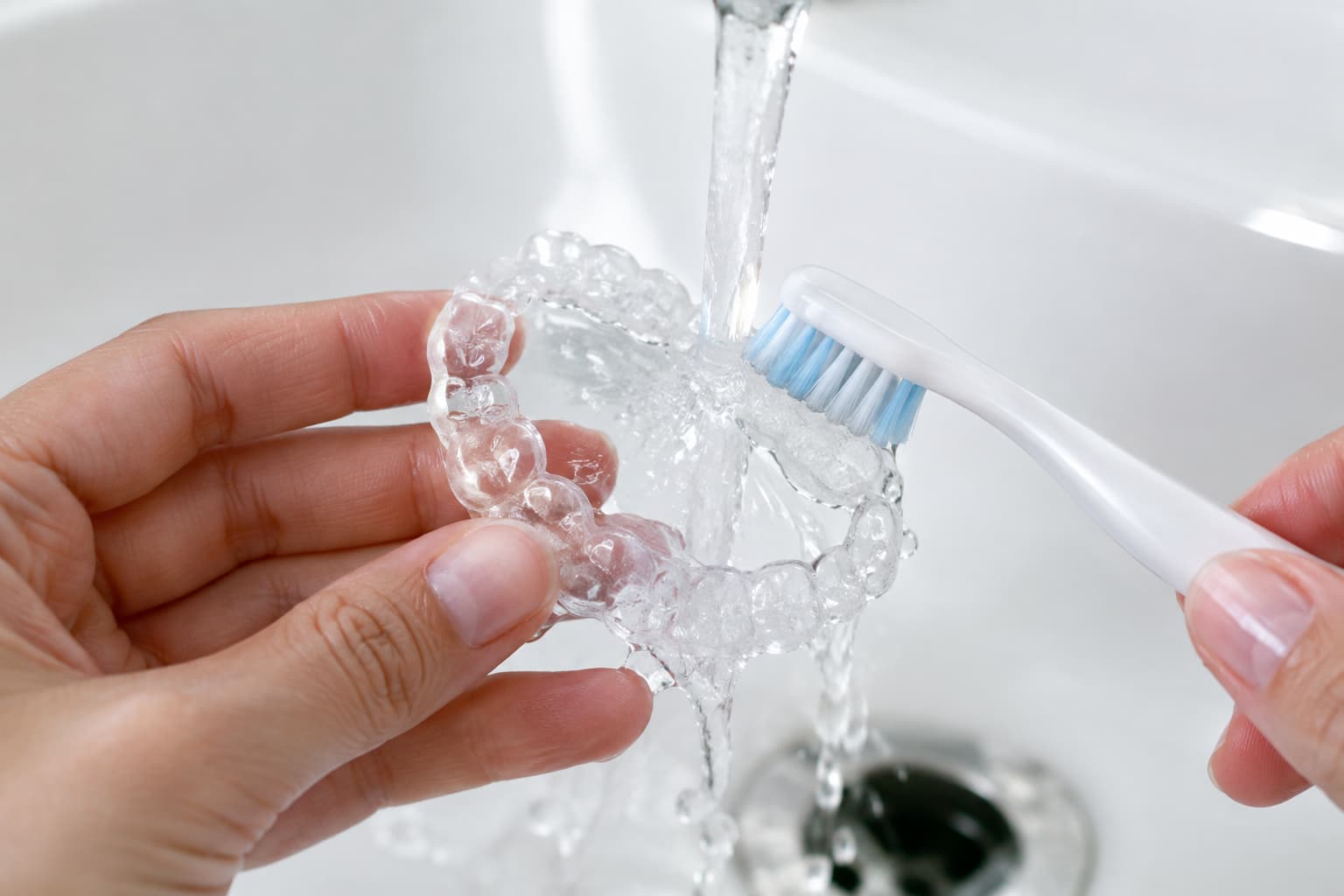 Nettoyage d’une gouttière dentaire transparente avec une brosse souple