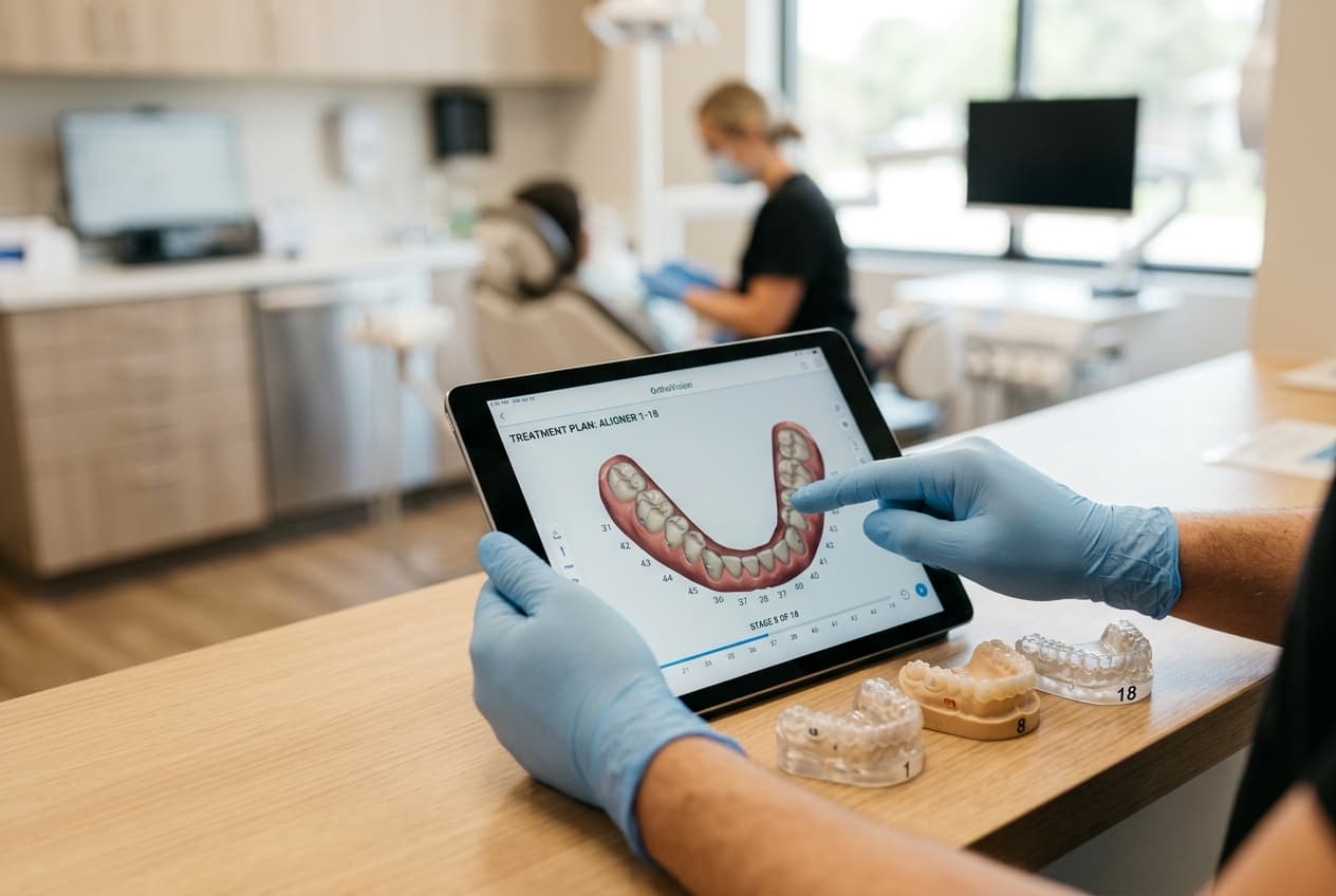 Mains gantées analysant un scan dentaire 3D pendant un bilan orthodontique