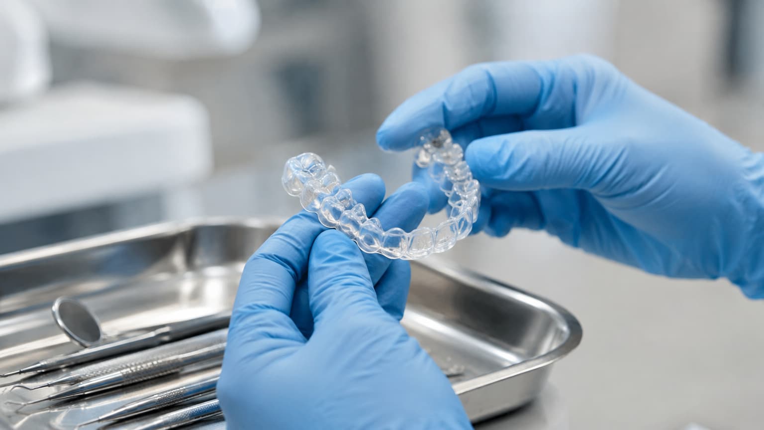 Gouttière dentaire transparente tenue entre des mains gantées