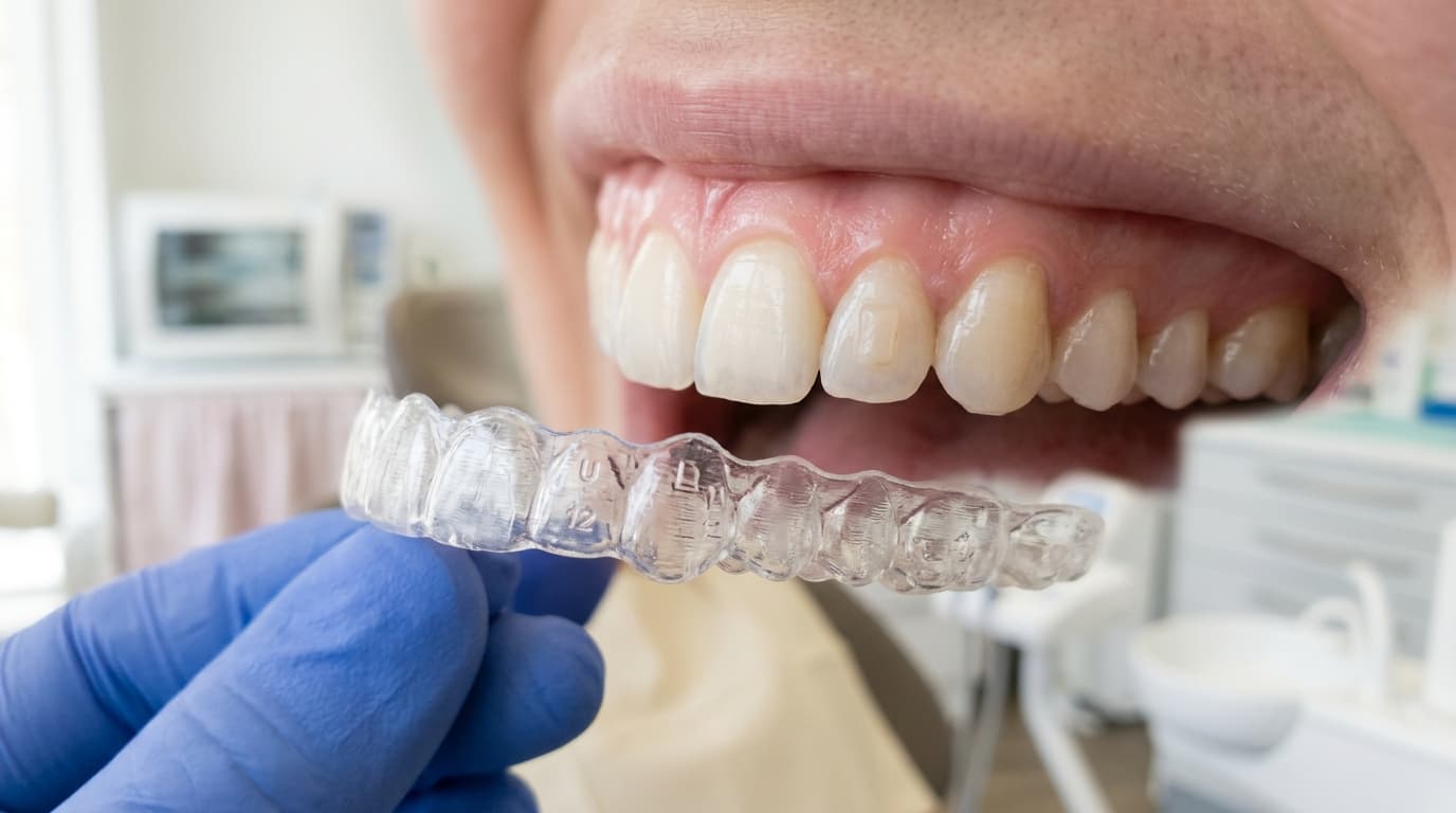 Gros plan d’un aligneur transparent avec un petit taquet visible sur une dent