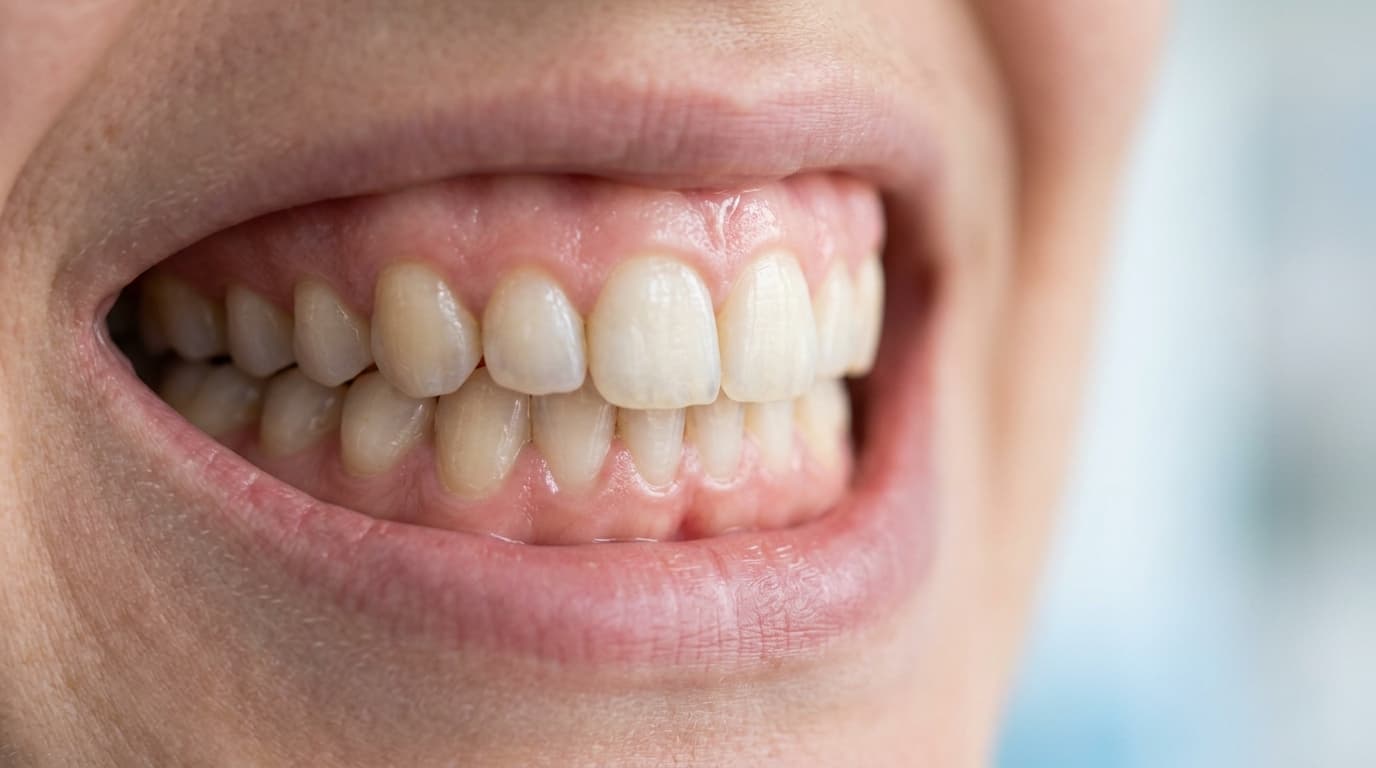 Gros plan d’une bouche adulte montrant un recouvrement important des dents du bas par les dents du haut