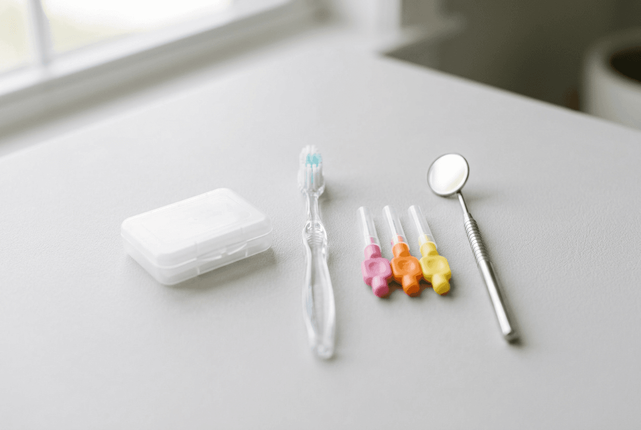 Cire orthodontique et matériel d’hygiène bucco-dentaire sur une surface neutre