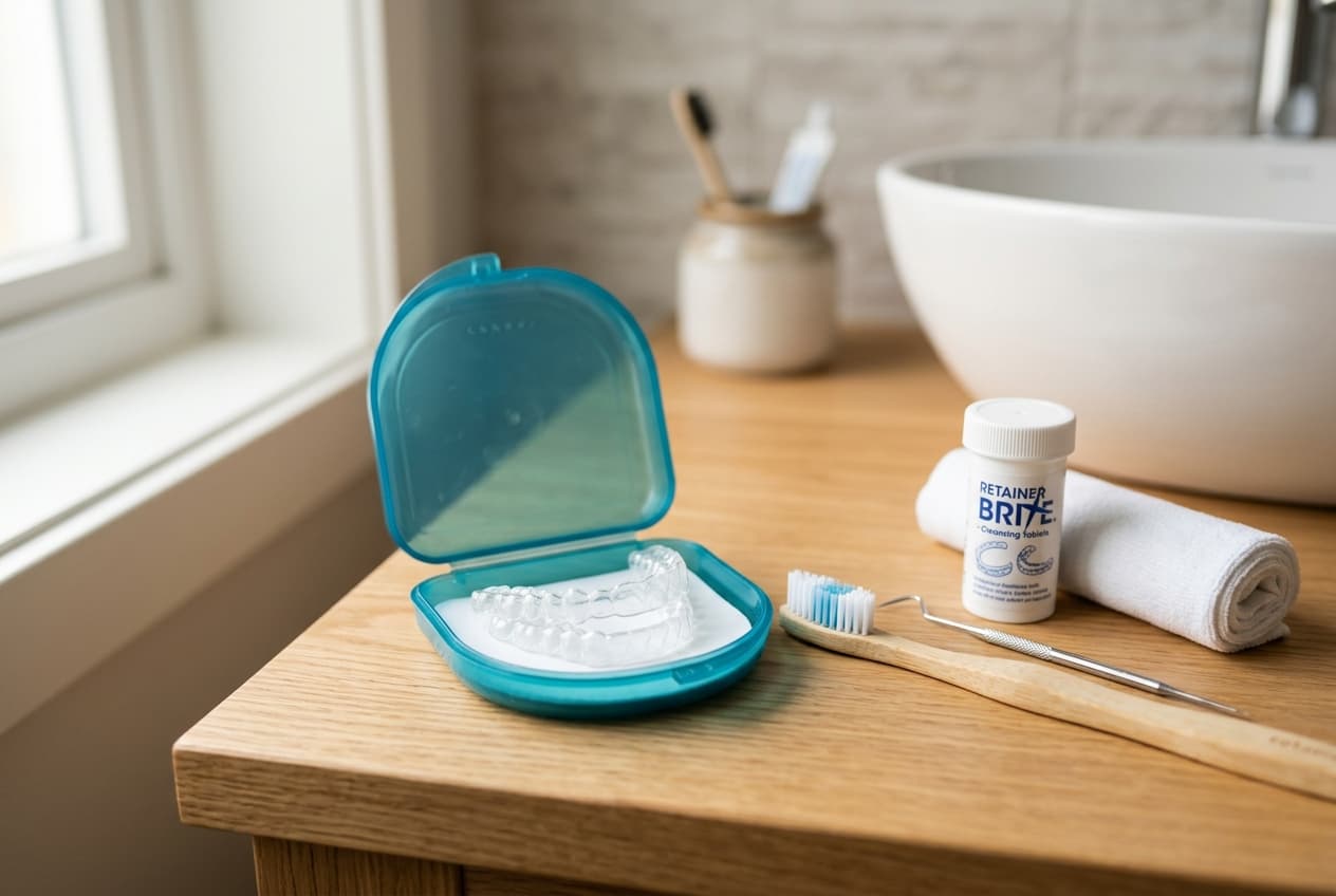 Boîte de contention orthodontique ouverte posée sur une surface propre avec accessoires d’hygiène dentaire